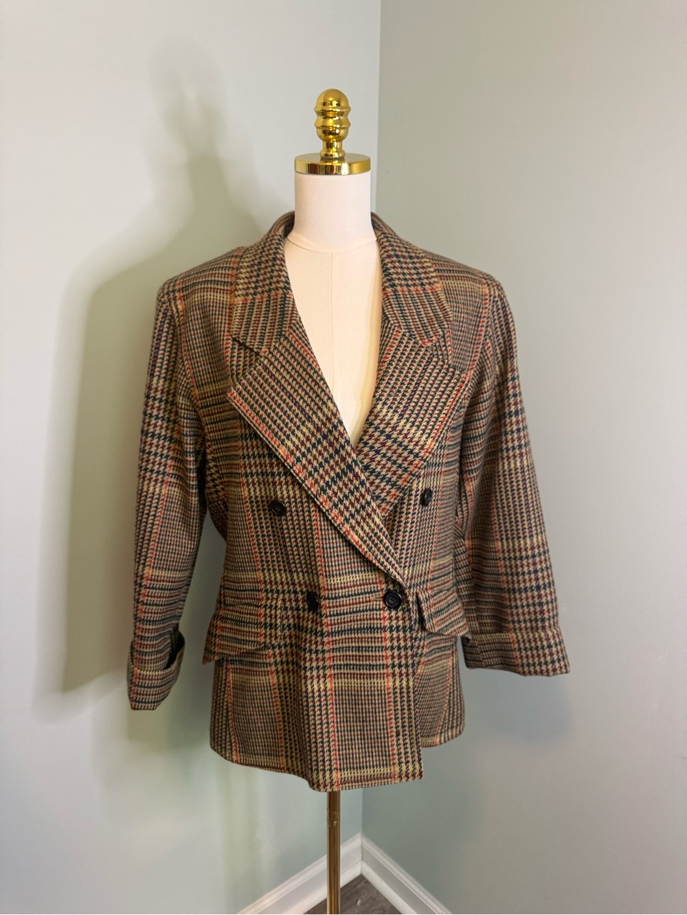 Aquascutum Vintage Wool Blazer Double Breasted Houndstooth Plaid Jacket Size 10